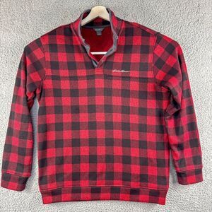 Eddie Bauer Sweater Mens Large Red Black Buffalo Check‎ Outdoor Casual *Snap